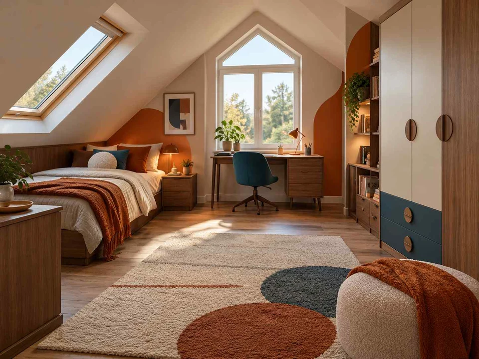 AI concept of a bedroom beneath a sloping ceiling with a bed and desk, with orange accents and curved decorative shapes