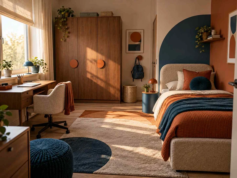 AI concept of a bedroom arranged with a bed, desk and storage furniture, with orange accents and curved decorative shapes