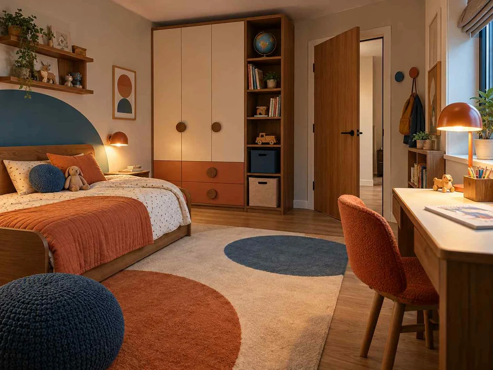 AI concept of a bedroom with cabinetry and shelving along the walls, with orange accents and curved decorative shapes
