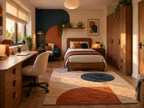 AI concept of a bedroom with desk space, task lighting and nearby storage, with orange accents and curved decorative shapes