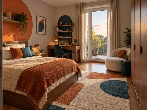 AI concept of a bedroom opening towards full-height glazed doors, with orange accents and curved decorative shapes