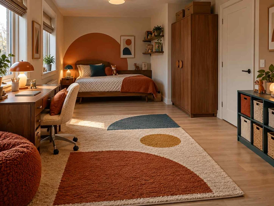 AI concept of a bedroom with a central rug and open floor space for play, with orange accents and curved decorative shapes