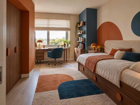 AI concept of a bedroom with a study desk and storage beside the sleeping area, with orange accents and curved decorative shapes