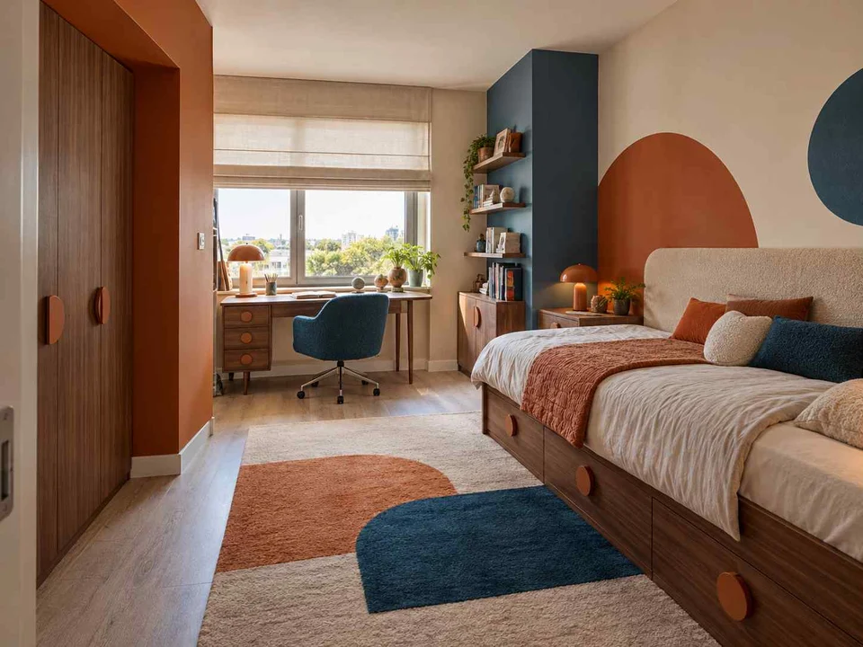 AI concept of a bedroom with a study desk and storage beside the sleeping area, with orange accents and curved decorative shapes