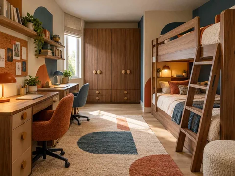 AI concept of bunk beds alongside study furniture and storage, with orange accents and curved decorative shapes