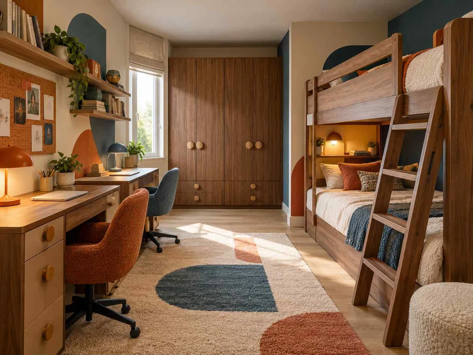 AI concept of bunk beds alongside study furniture and storage, with orange accents and curved decorative shapes