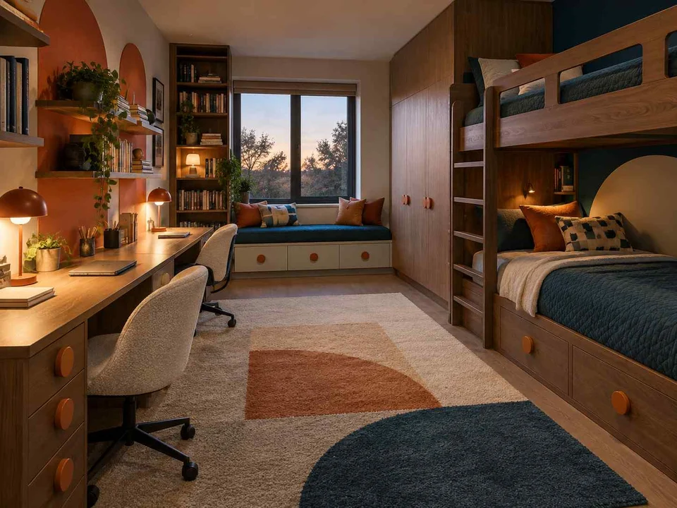 AI concept of bunk beds paired with bookshelves and study space, with orange accents and curved decorative shapes