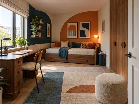 AI concept of a compact bedroom combining a bed, desk and storage, with orange accents and curved decorative shapes