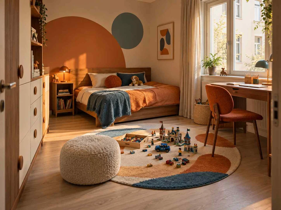AI concept of a daylit bedroom with space for floor play, with orange accents and curved decorative shapes