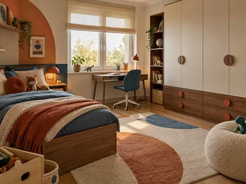 AI concept of a bedroom with a bed, study desk and open central floor space, with orange accents and curved decorative shapes