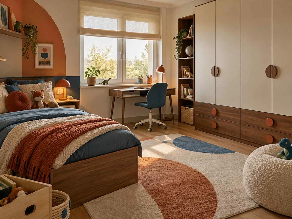 AI concept of a bedroom with a bed, study desk and open central floor space, with orange accents and curved decorative shapes