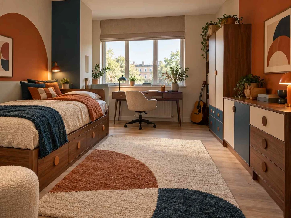 AI concept of a bedroom combining low storage with taller cabinetry or shelving, with orange accents and curved decorative shapes