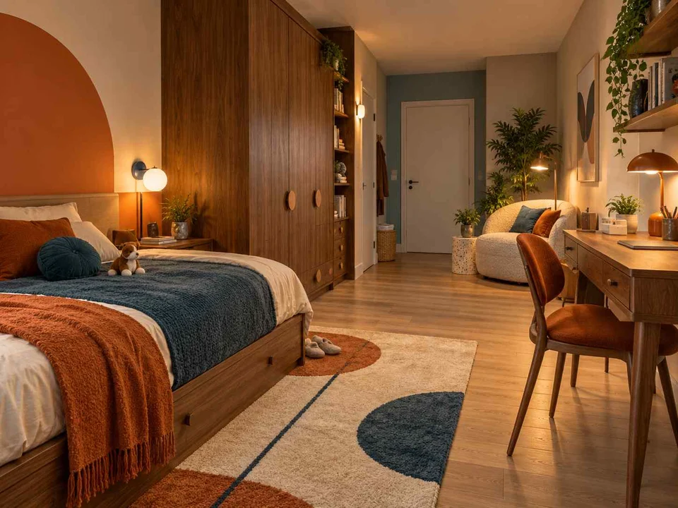 AI concept of a long bedroom with sleeping and study areas arranged along its length, with orange accents and curved decorative shapes