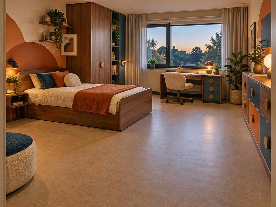 AI concept of a bedroom with an open central floor area and furniture arranged around its edges, with orange accents and curved decorative shapes