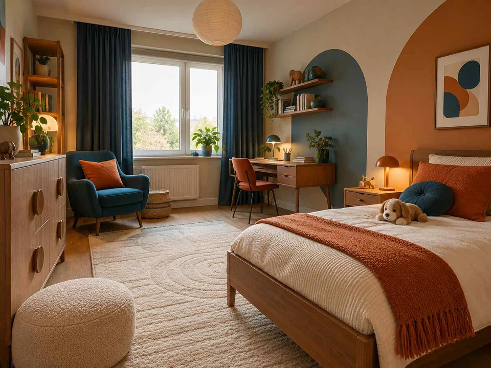 AI concept of a bedroom arranged around sleep, storage and a small sitting area, with orange accents and curved decorative shapes