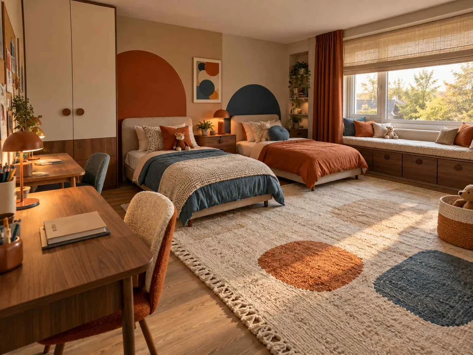 AI concept of a shared bedroom with twin sleeping areas and daylight from the window side, with orange accents and curved decorative shapes