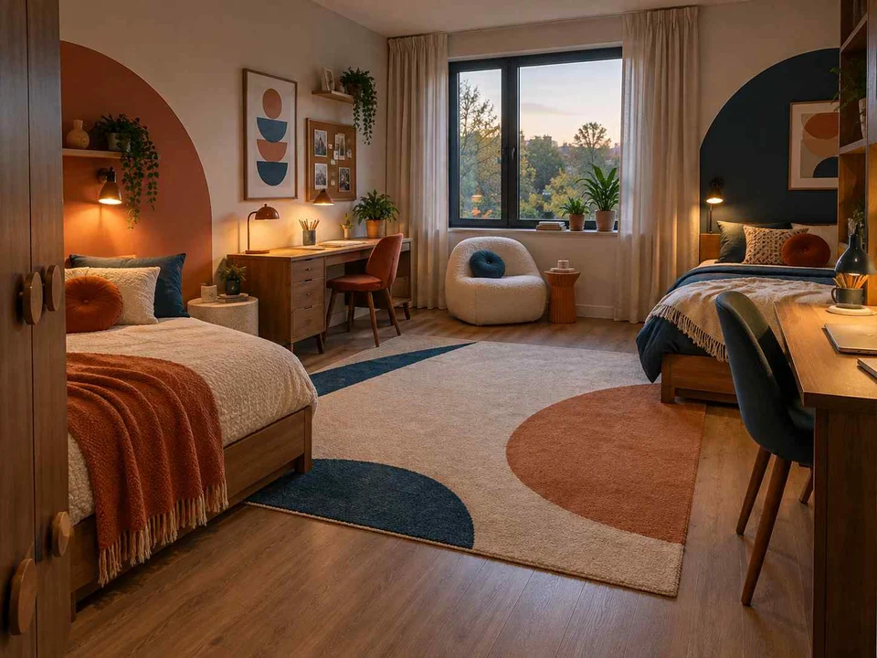 AI concept of a shared bedroom with two sleeping areas and desk space, with orange accents and curved decorative shapes