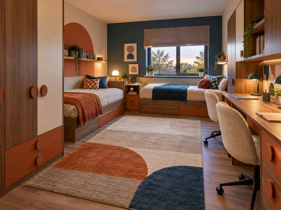 AI concept of a shared bedroom with two sleeping areas and study furniture, with orange accents and curved decorative shapes