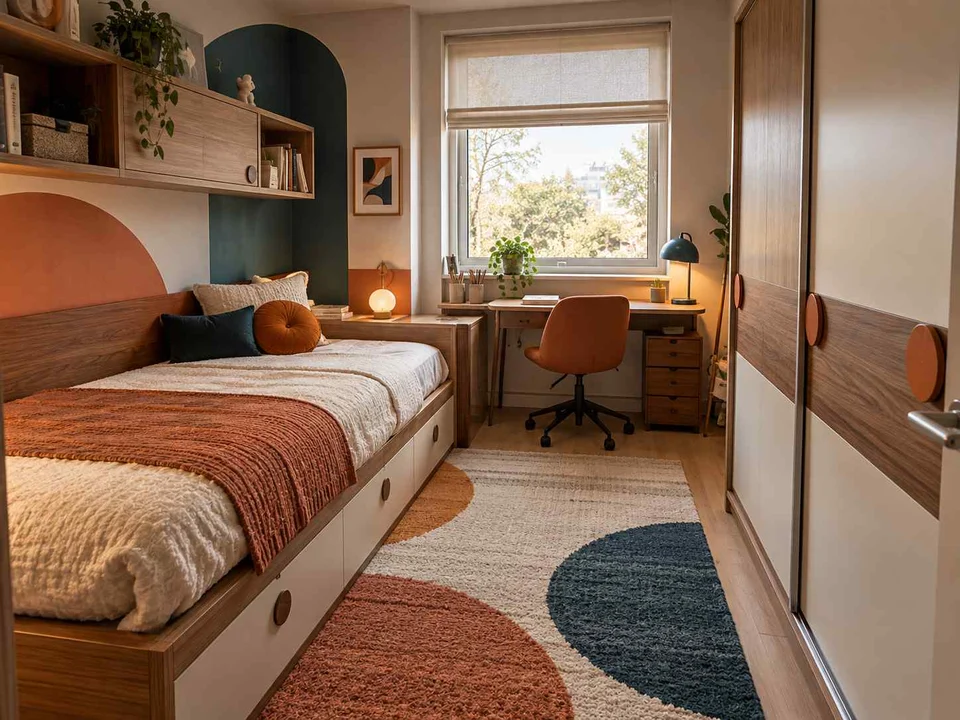 AI concept of a small bedroom with a bed, study furniture and integrated storage, with orange accents and curved decorative shapes