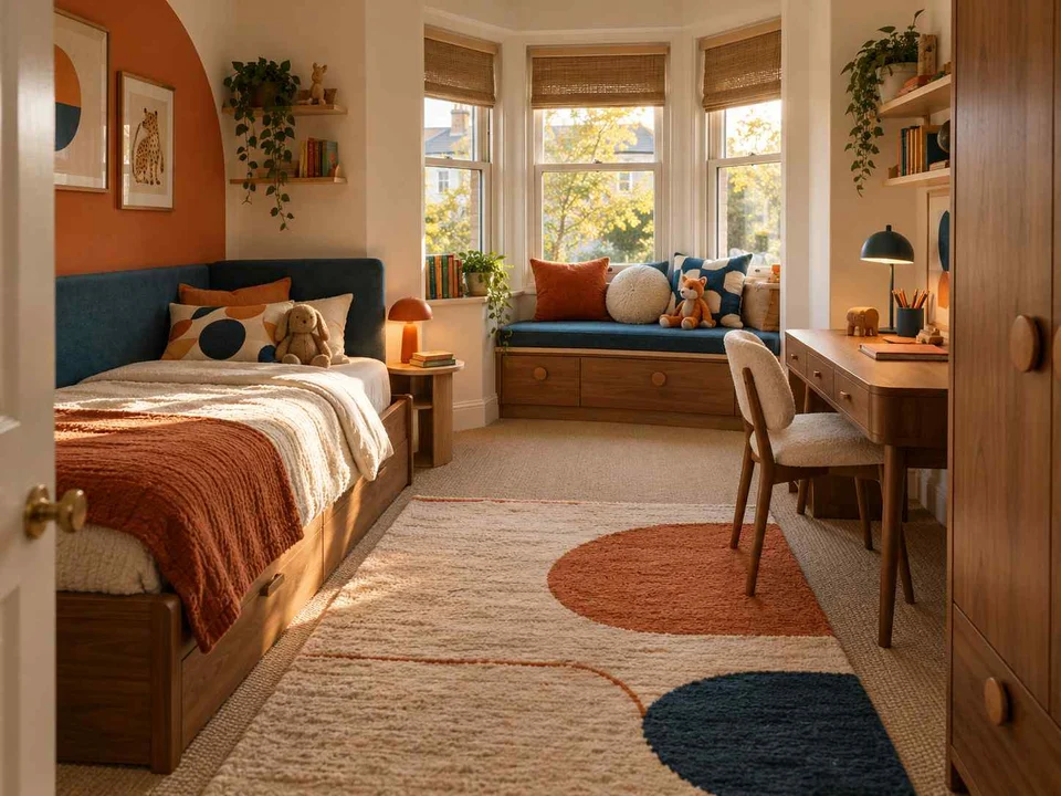 AI concept of a bedroom with a window-side seating area, with orange accents and curved decorative shapes