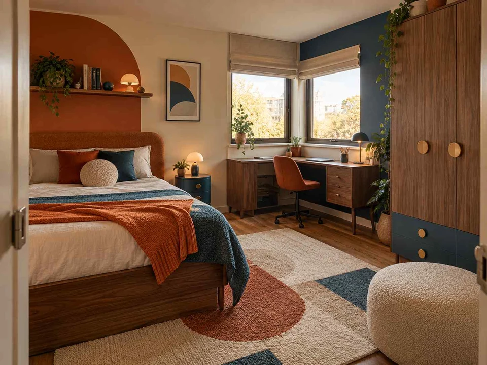 AI concept of a bedroom with a desk positioned near a window, with orange accents and curved decorative shapes