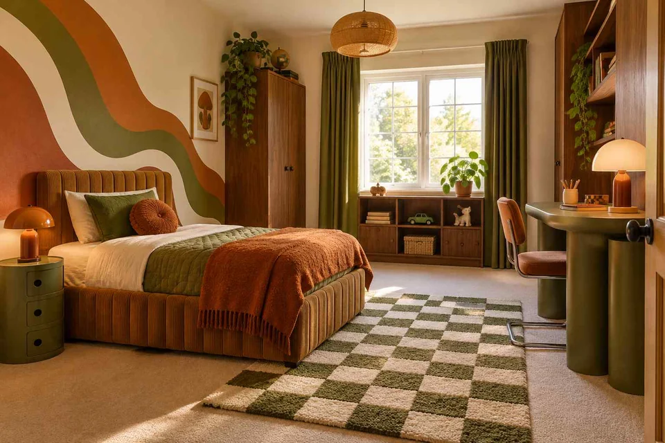 AI concept: a terracotta bed, sweeping painted stripes and green checkerboard rug
