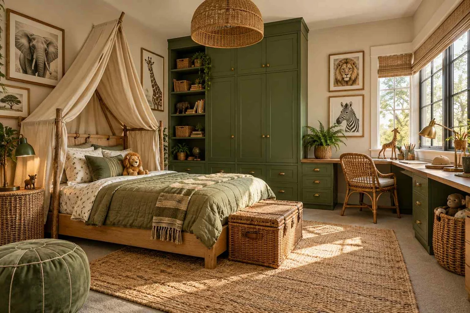AI concept: a tent-like canopy above a green bed with woven baskets and a timber desk