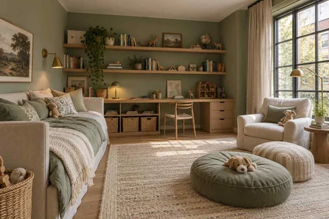AI concept: a sage green bedroom with open timber shelving, a desk and a round floor cushion
