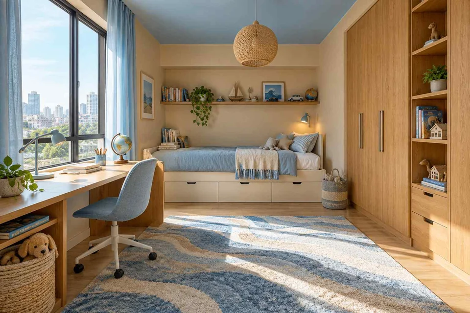 AI concept: a pale blue storage bed, curved rug and light timber wardrobe beside a study desk