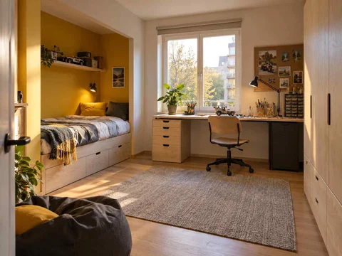 AI concept of a bedroom with a recessed sleeping area and a separate desk, with pale wood furniture and yellow accents