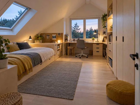 AI concept of a bedroom beneath a sloping ceiling with a bed and desk, with pale wood furniture and yellow accents