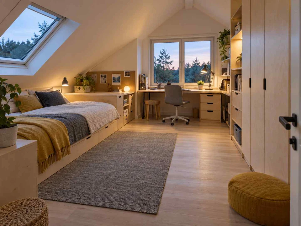 AI concept of a bedroom beneath a sloping ceiling with a bed and desk, with pale wood furniture and yellow accents