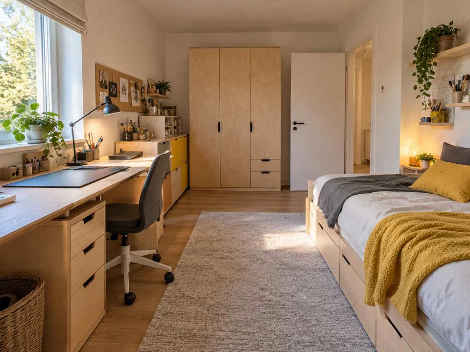 AI concept of a bedroom arranged with a bed, desk and storage furniture, with pale wood furniture and yellow accents
