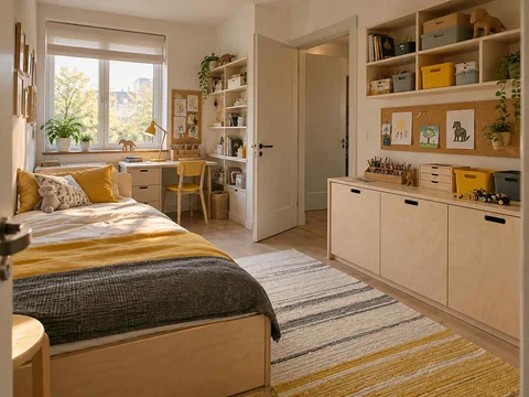 AI concept of a bedroom with cabinetry and shelving along the walls, with pale wood furniture and yellow accents