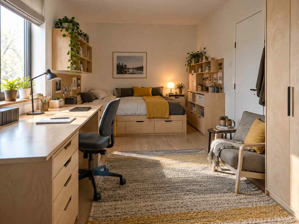 AI concept of a bedroom with desk space, task lighting and nearby storage, with pale wood furniture and yellow accents