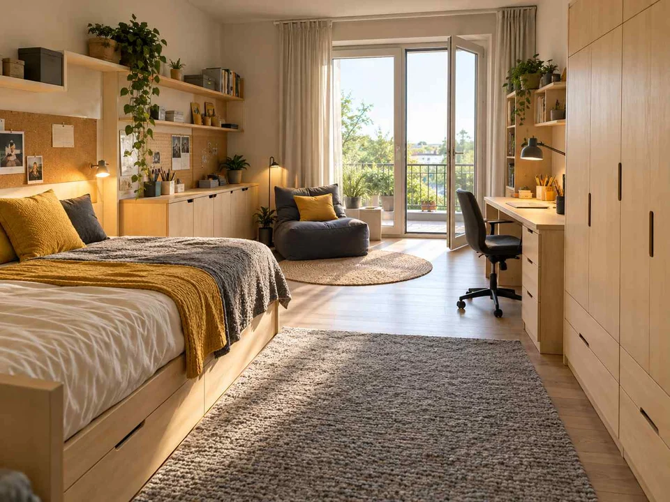 AI concept of a bedroom opening towards full-height glazed doors, with pale wood furniture and yellow accents