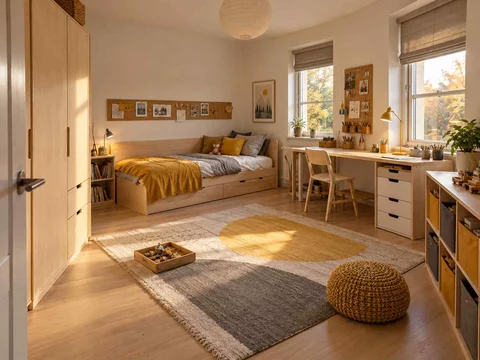 AI concept of a bedroom with a central rug and open floor space for play, with pale wood furniture and yellow accents