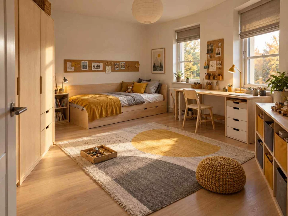 AI concept of a bedroom with a central rug and open floor space for play, with pale wood furniture and yellow accents