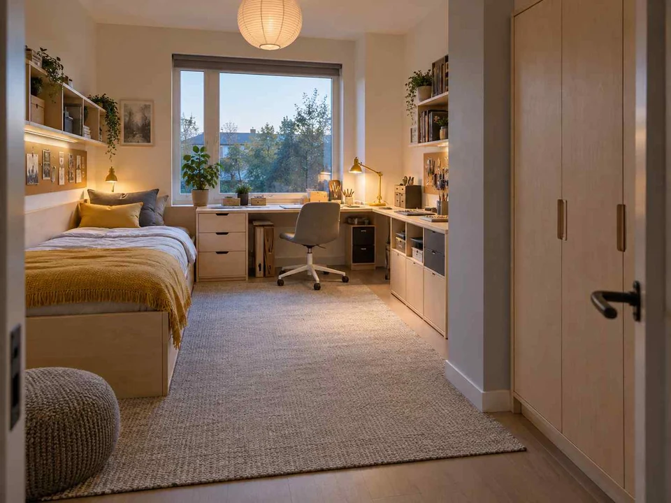 AI concept of a bedroom with a study desk and storage beside the sleeping area, with pale wood furniture and yellow accents