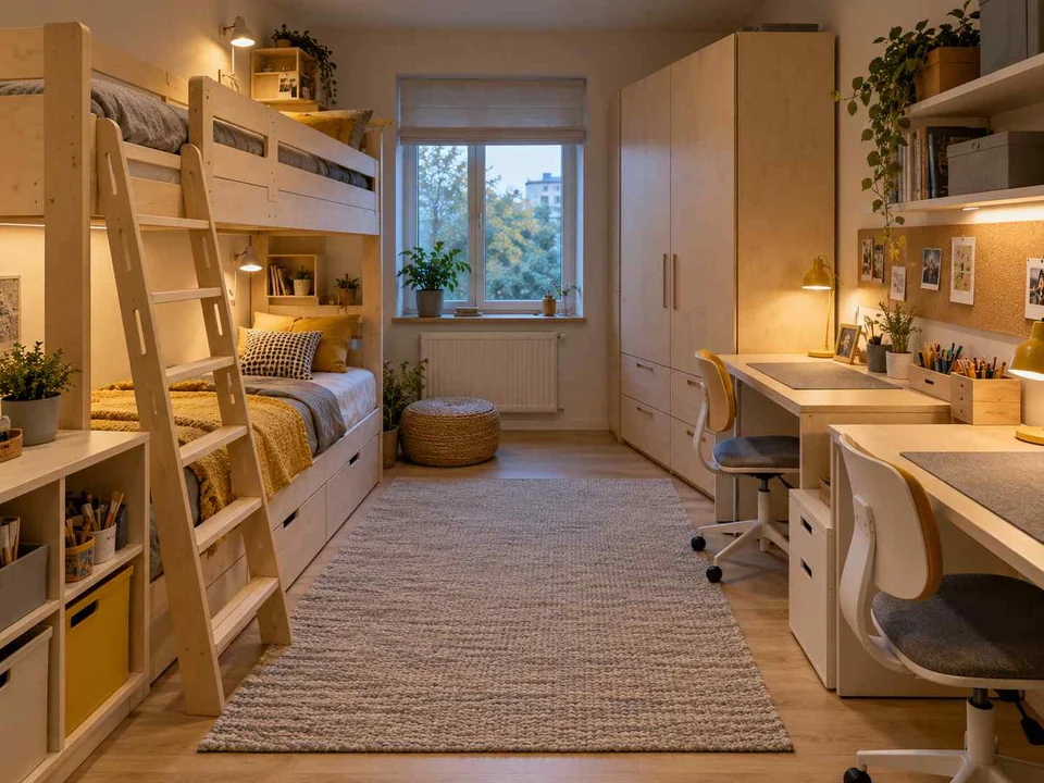 AI concept of bunk beds alongside study furniture and storage, with pale wood furniture and yellow accents