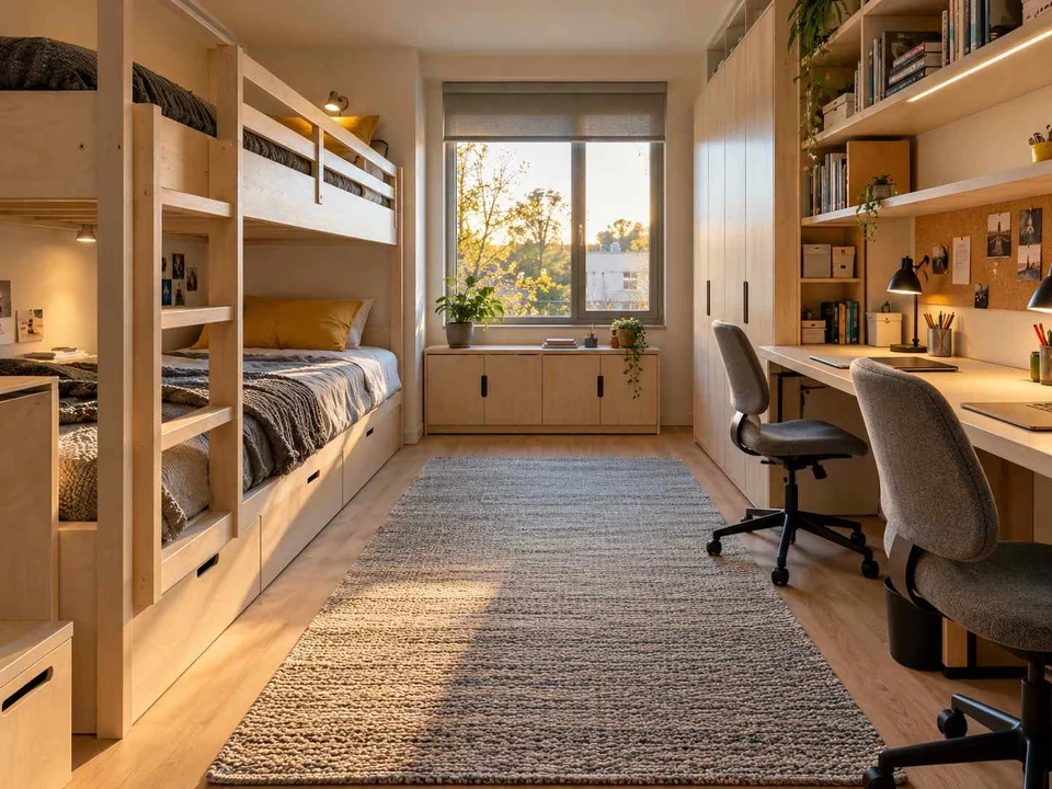 AI concept of bunk beds paired with bookshelves and study space, with pale wood furniture and yellow accents