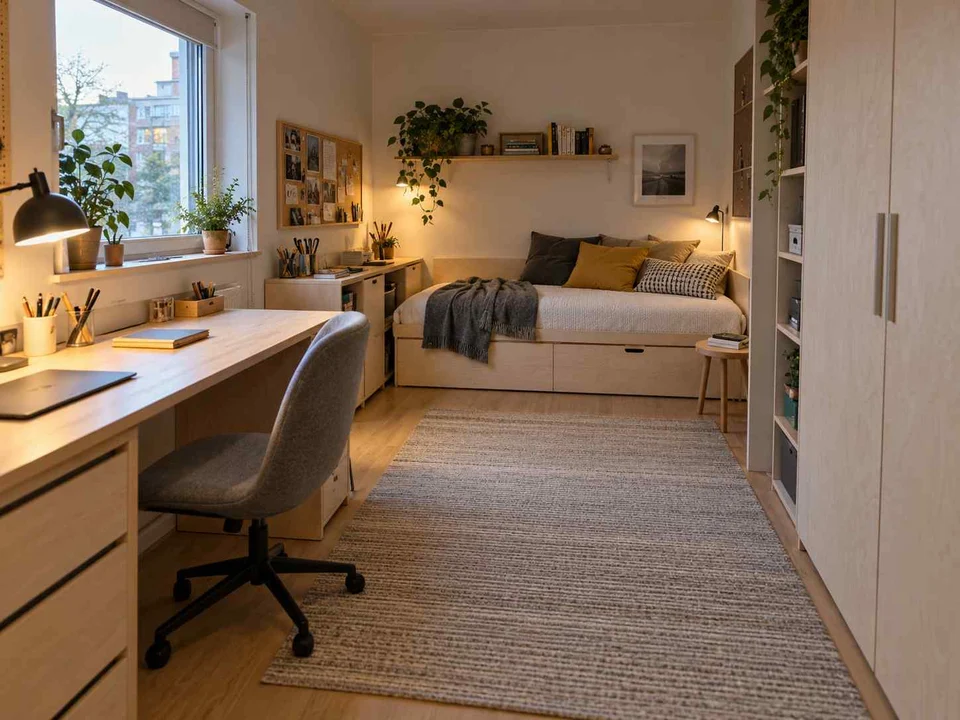 AI concept of a compact bedroom combining a bed, desk and storage, with pale wood furniture and yellow accents