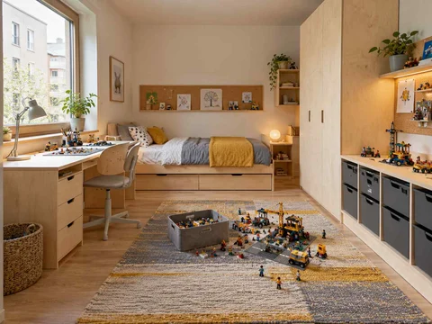 AI concept of a daylit bedroom with space for floor play, with pale wood furniture and yellow accents