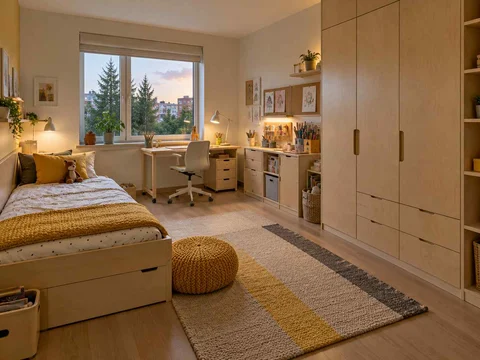 AI concept of a bedroom with a bed, study desk and open central floor space, with pale wood furniture and yellow accents