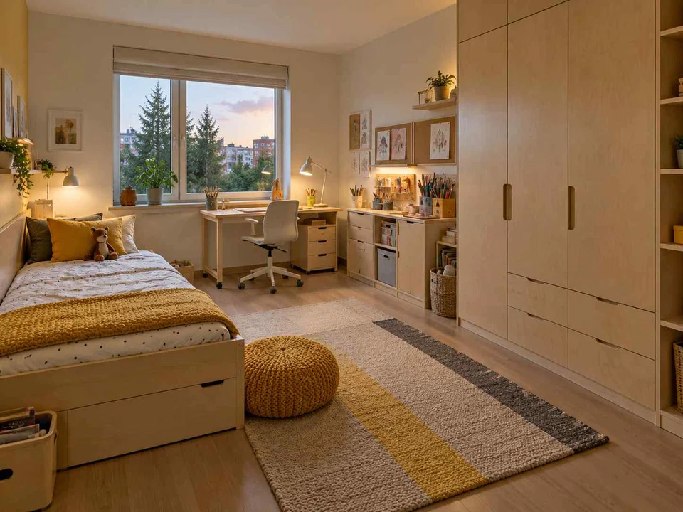 AI concept of a bedroom with a bed, study desk and open central floor space, with pale wood furniture and yellow accents