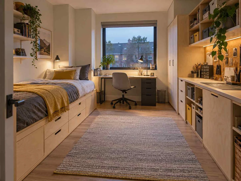AI concept of a bedroom combining low storage with taller cabinetry or shelving, with pale wood furniture and yellow accents