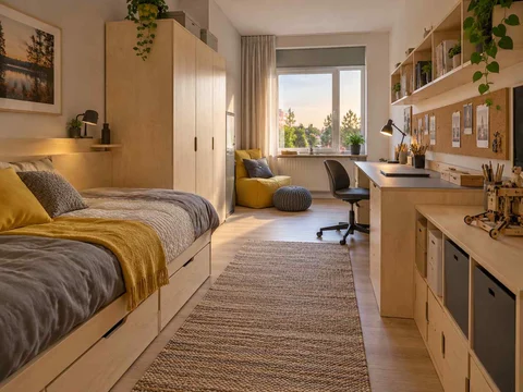 AI concept of a long bedroom with sleeping and study areas arranged along its length, with pale wood furniture and yellow accents
