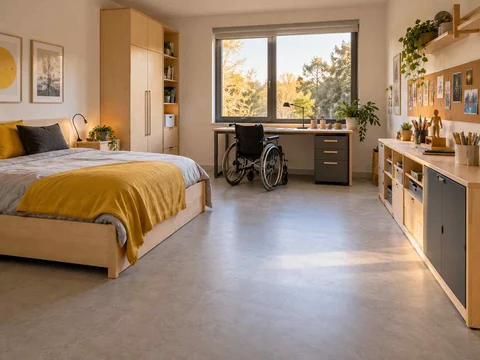 AI concept of a bedroom with an open central floor area and furniture arranged around its edges, with pale wood furniture and yellow accents