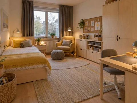 AI concept of a bedroom arranged around sleep, storage and a small sitting area, with pale wood furniture and yellow accents