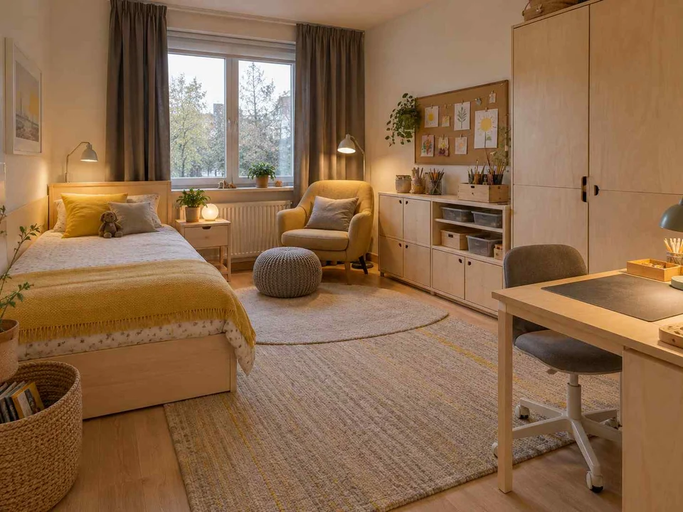 AI concept of a bedroom arranged around sleep, storage and a small sitting area, with pale wood furniture and yellow accents